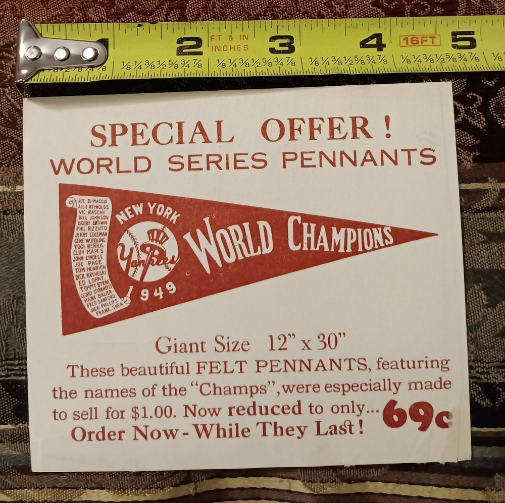 1949 New York Yankees Scroll Pennant 11×30 World Champions Order Form Vg+ Cond.